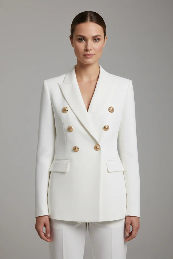 Women’s double-breasted blazer with tone button details – White