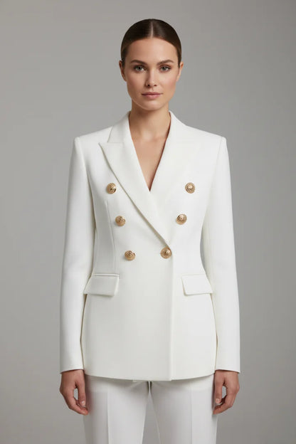 Women’s double-breasted blazer with tone button details – White
