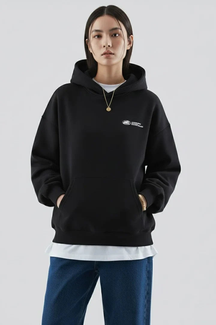 Women’s hoodie with front print and pullover design – Dark-Black