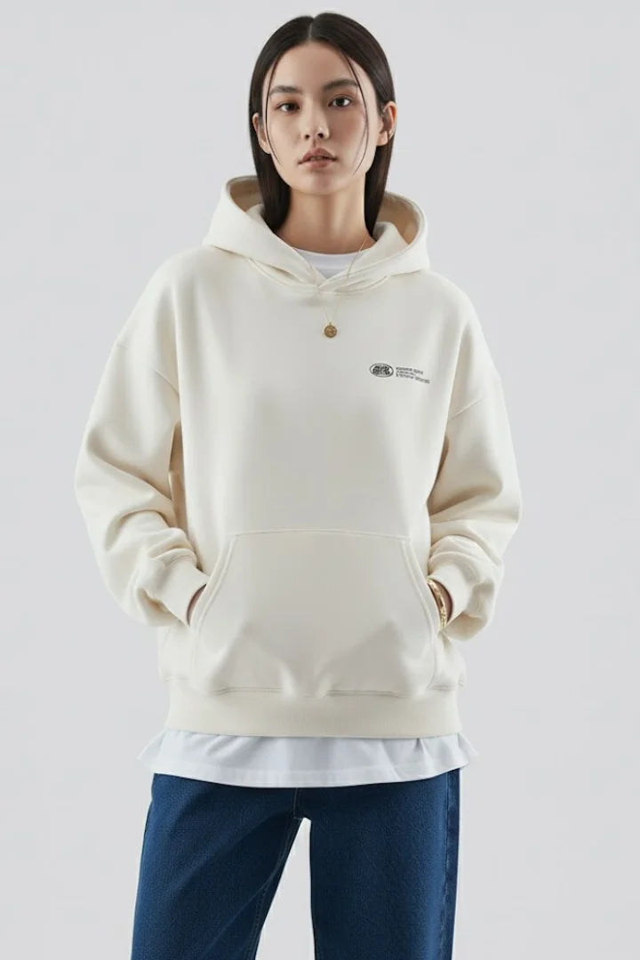 Women’s hoodie with front print and pullover design – White