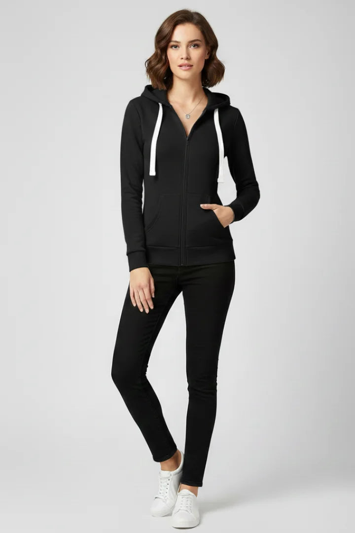 Women’s hoodie with front zipper and kangaroo pockets – Black