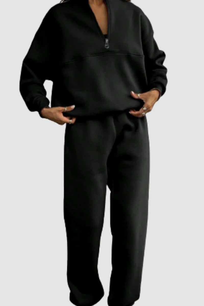 Women's jumper and trousers set with zip-up collar and relaxed fit – Black