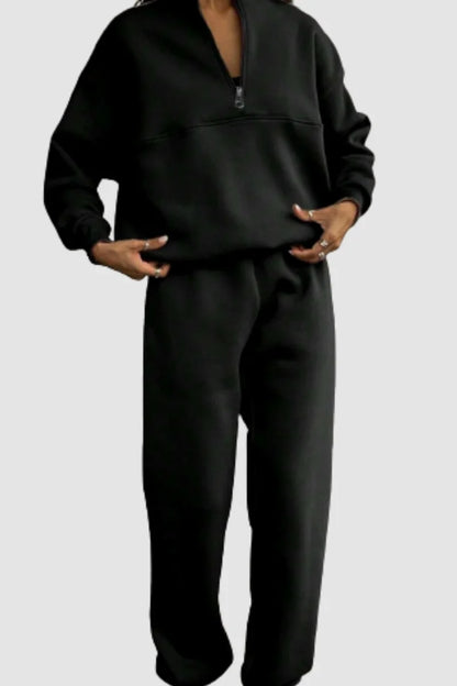 Women's jumper and trousers set with zip-up collar and relaxed fit – Black