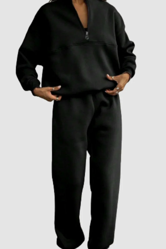 Women's jumper and trousers set with zip-up collar and relaxed fit – Black