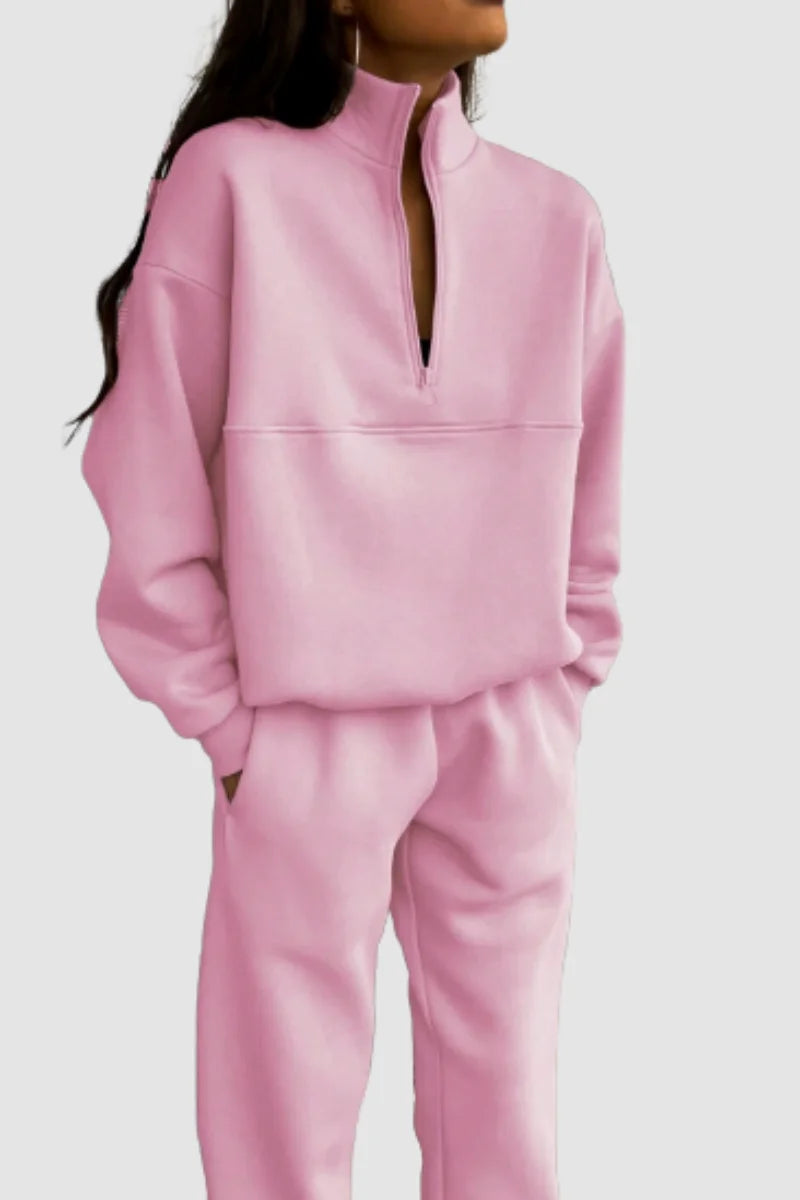 Women's jumper and trousers set with zip-up collar and relaxed fit – Pink