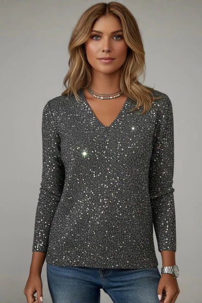 Women’s sequin V-neck long sleeve jumper – Black