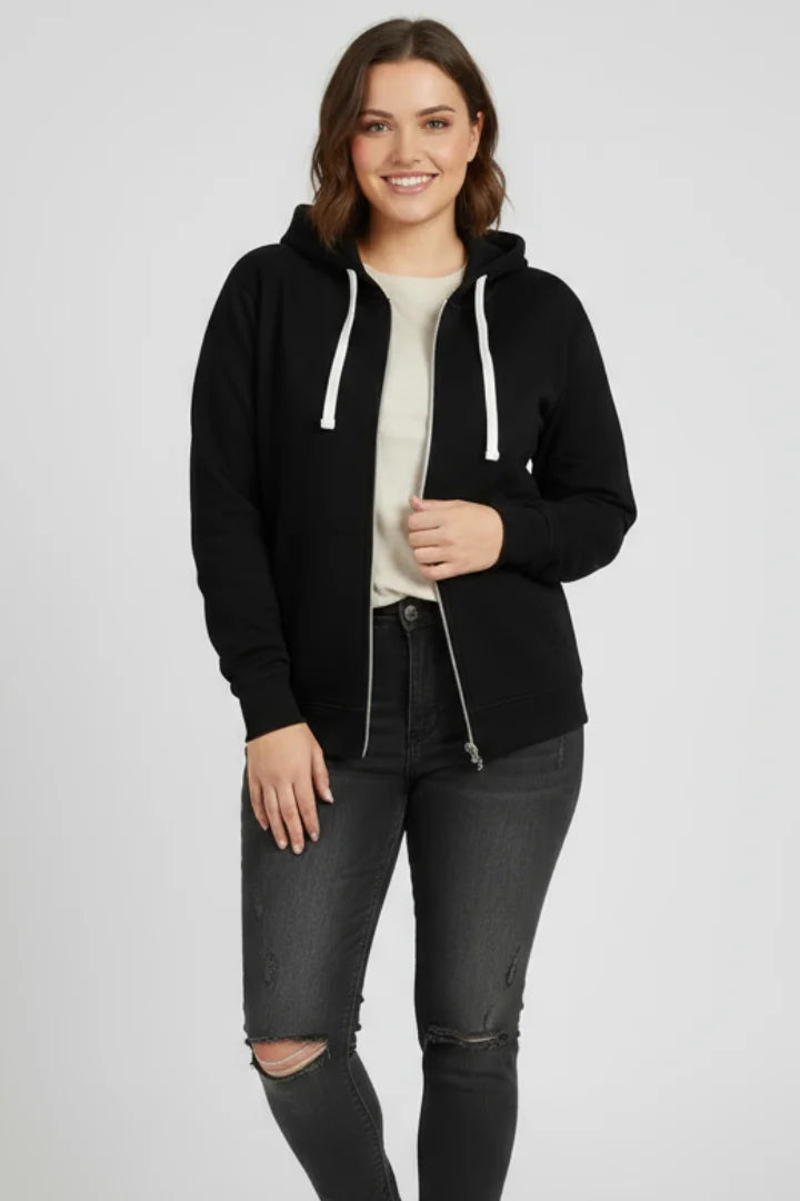 Women’s zip hoodie with drawstring hood and front pockets – Black