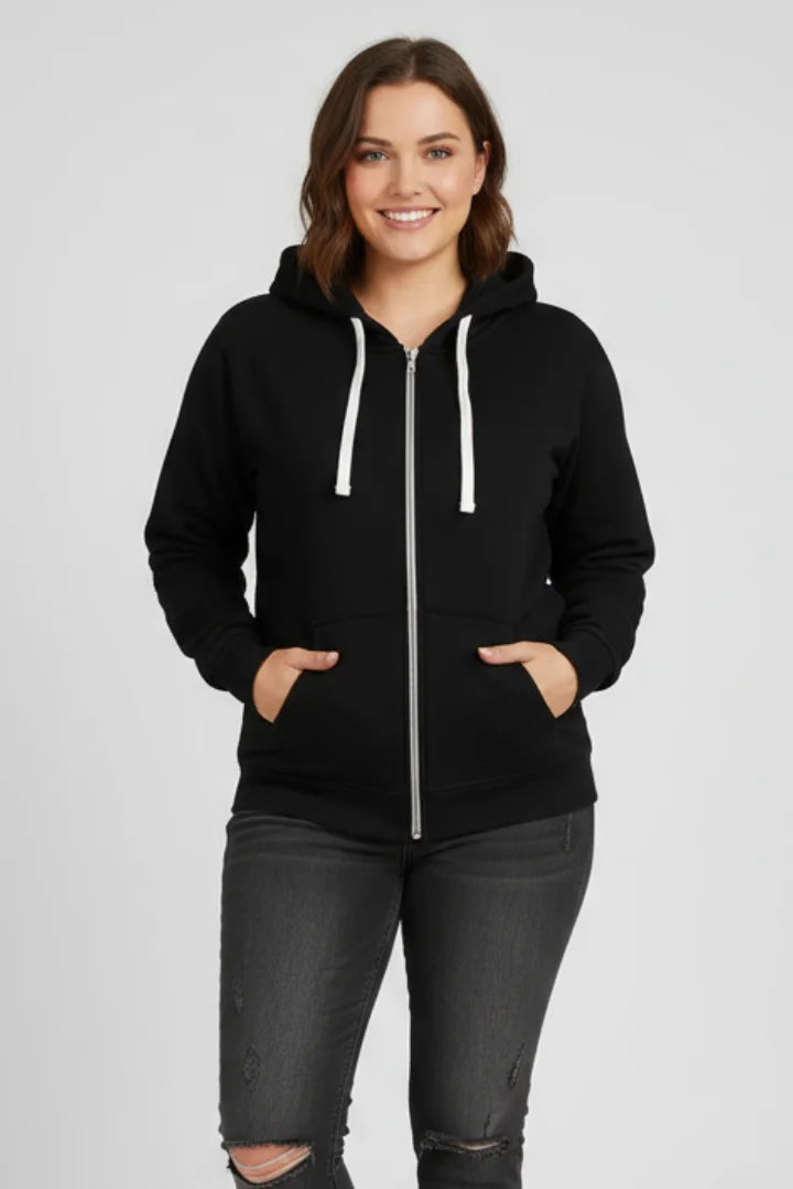 Women’s zip hoodie with drawstring hood and front pockets – Black