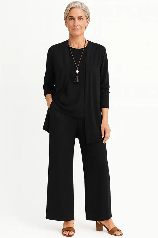 Women's 3-piece knit cardigan tank and wide-leg pants set – Black