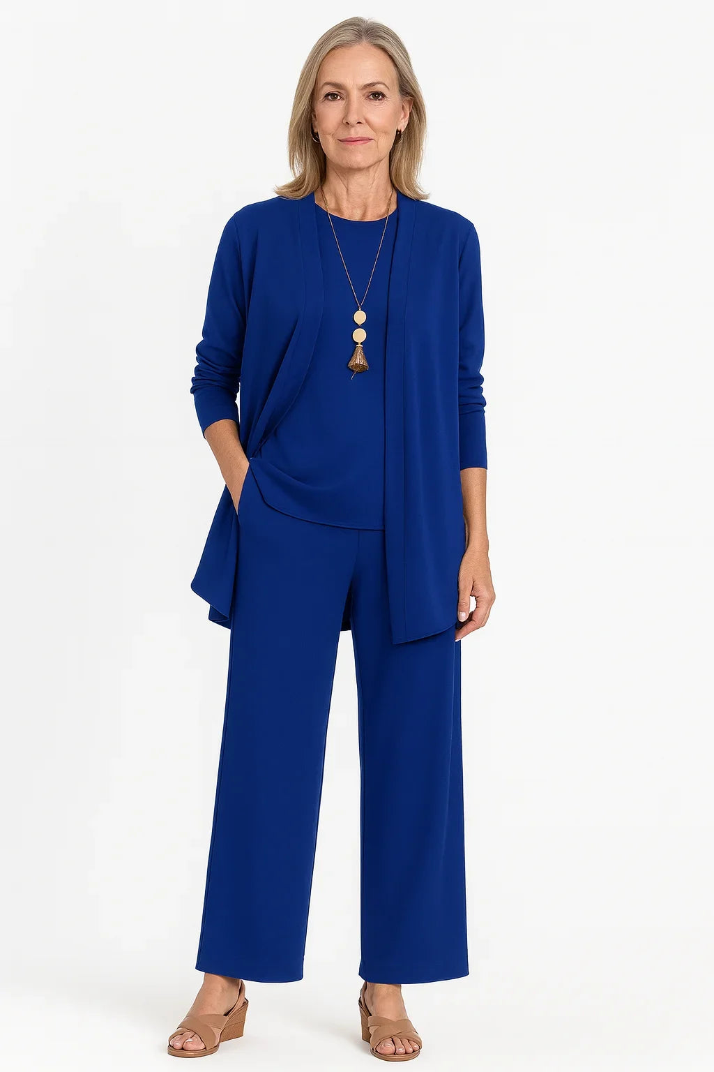 Women's 3-piece knit cardigan tank and wide-leg pants set – Blue