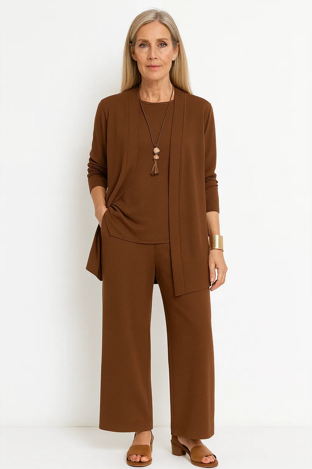 Women's 3-piece knit cardigan tank and wide-leg pants set – Brown