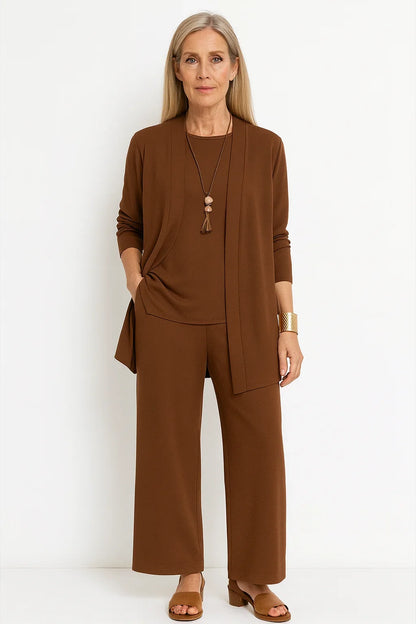 Women's 3-piece knit cardigan tank and wide-leg pants set – Brown