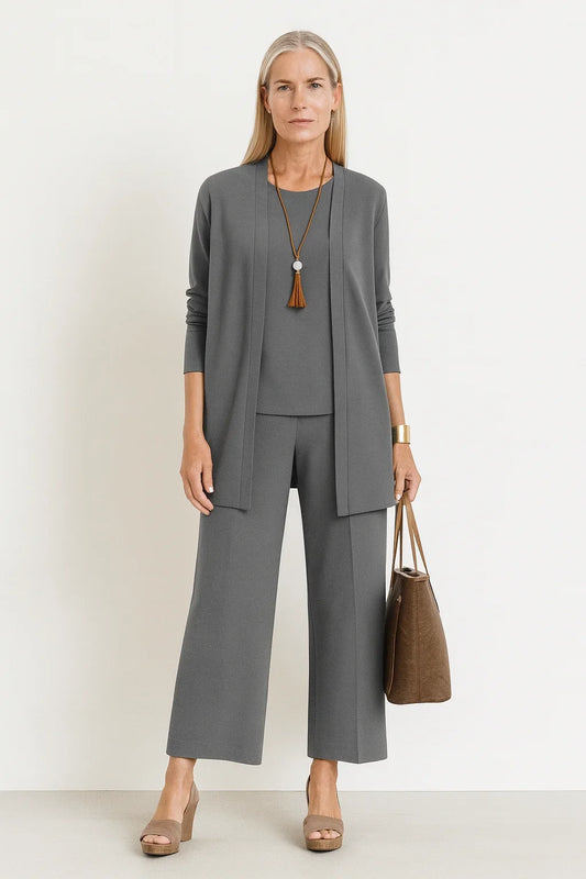 Women's 3-piece knit cardigan tank and wide-leg pants set – Grey