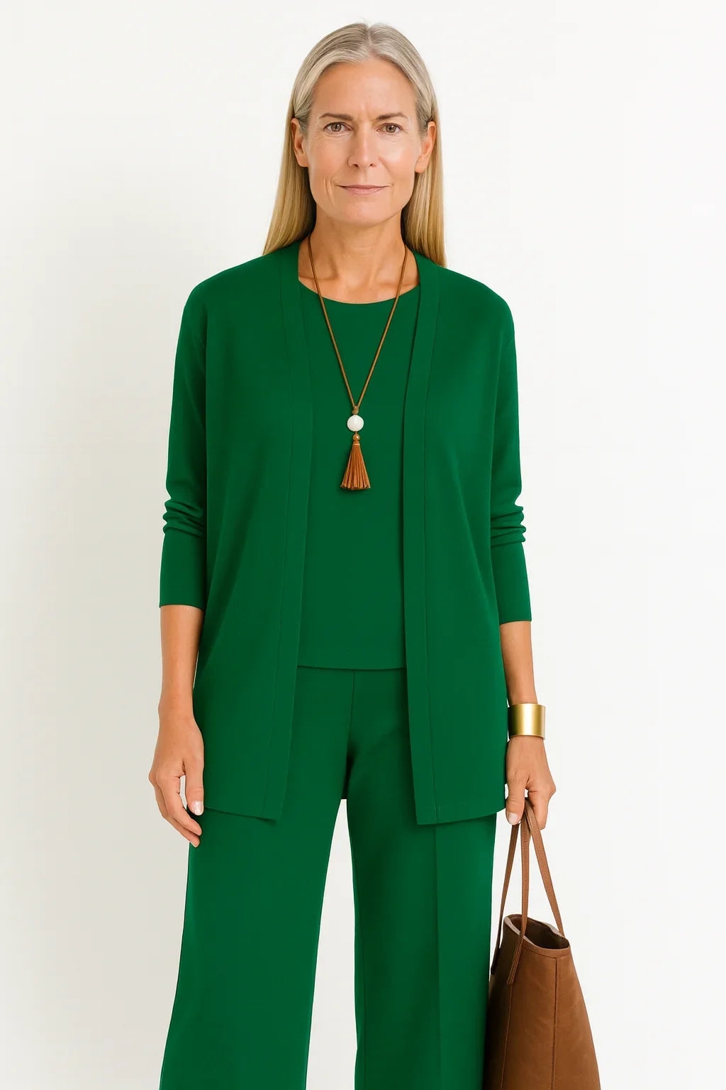 Women's 3-piece knit cardigan tank and wide-leg pants set – Green