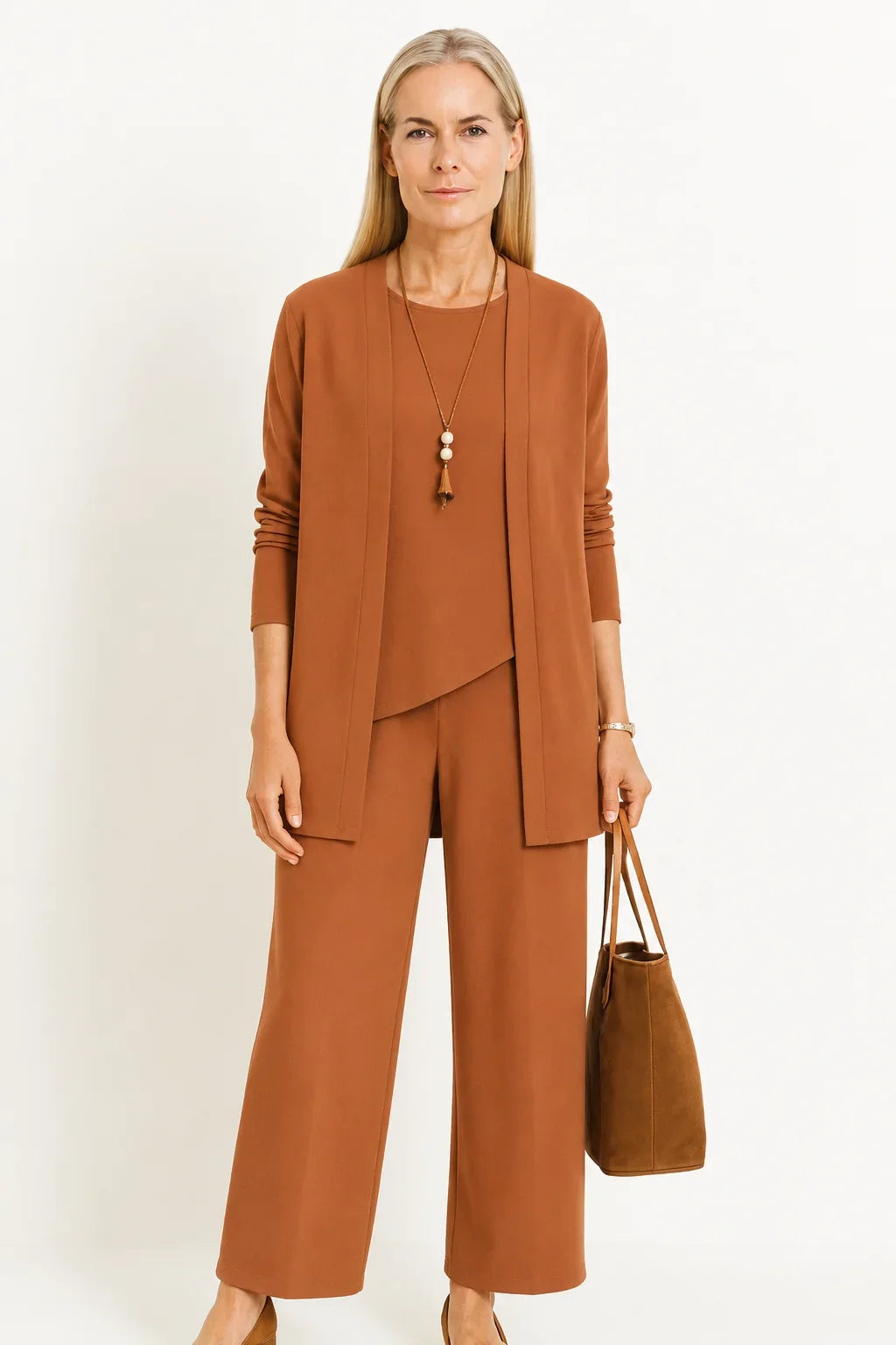 Women's 3-piece knit cardigan tank and wide-leg pants set – Light Brown