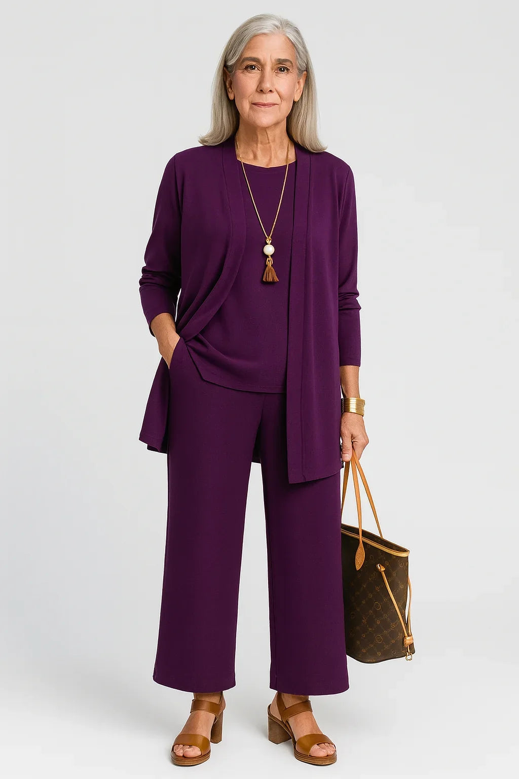Women's 3-piece knit cardigan tank and wide-leg pants set – Purple