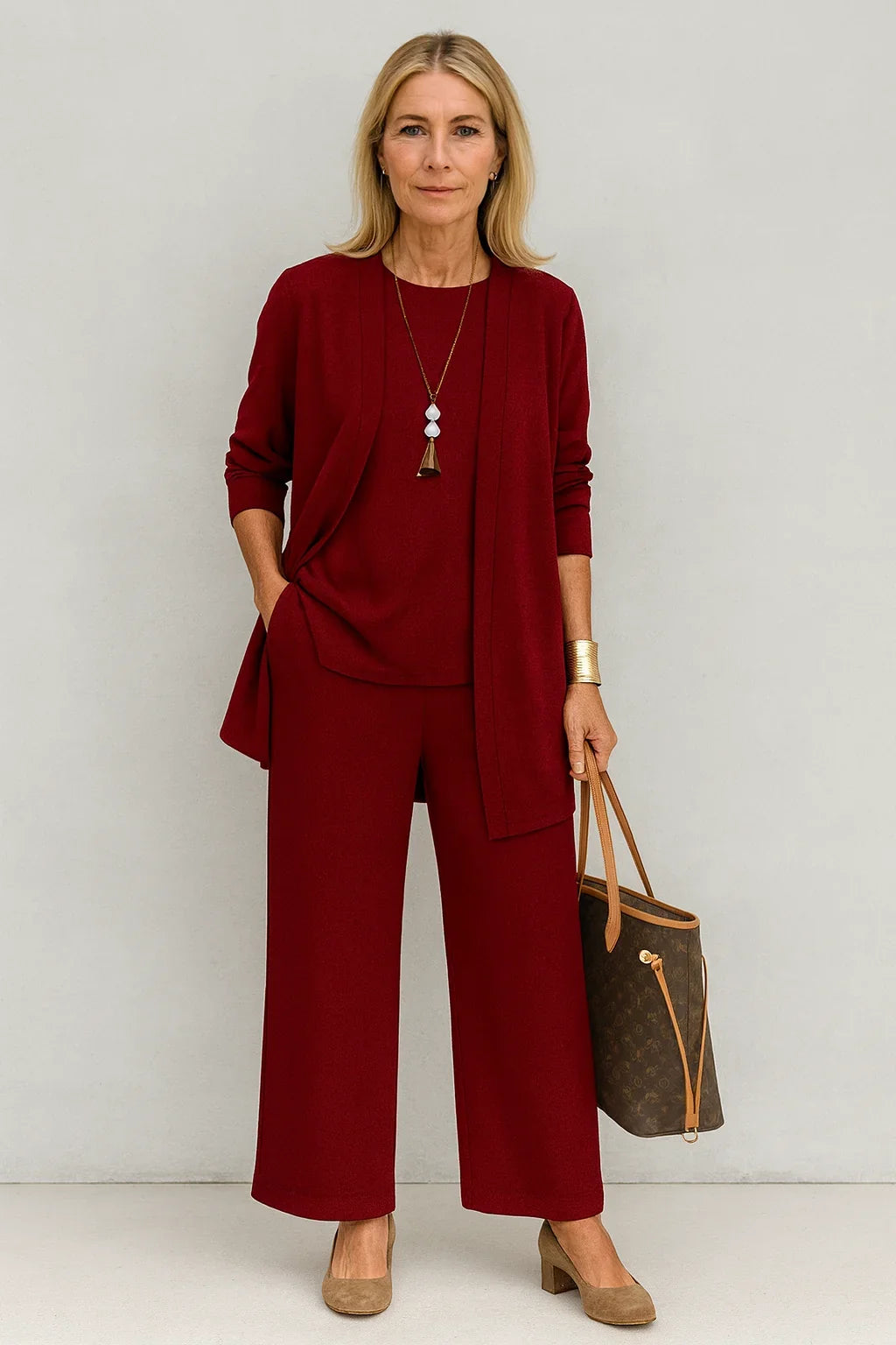 Women's 3-piece knit cardigan tank and wide-leg pants set – Red