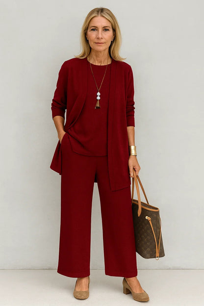 Women's 3-piece knit cardigan tank and wide-leg pants set – Red