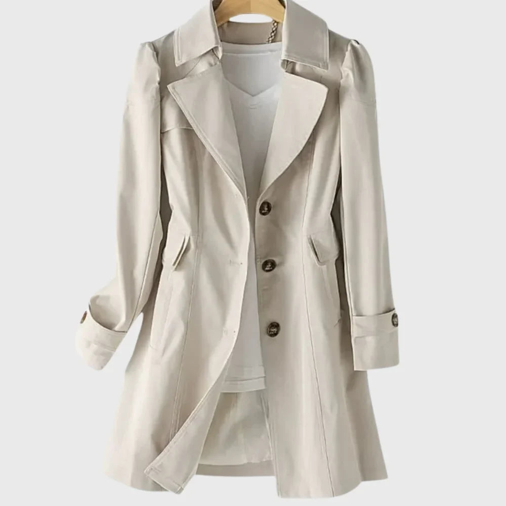 Women's A-line coat with notched lapel and single-breasted buttons – Beige