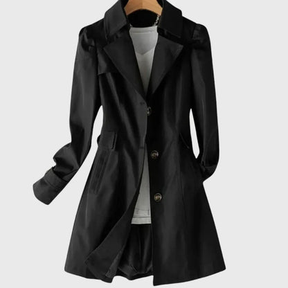 Women's A-line coat with notched lapel and single-breasted buttons – Black