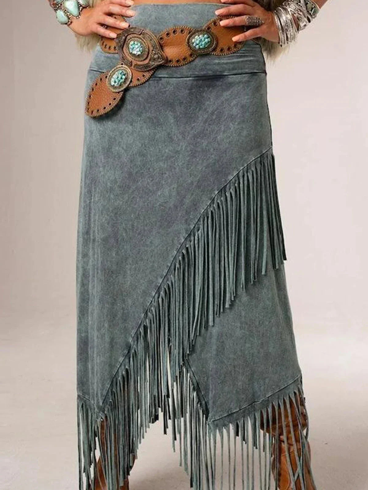 Women's A-line washed knit maxi skirt with diagonal fringe hem – Grey
