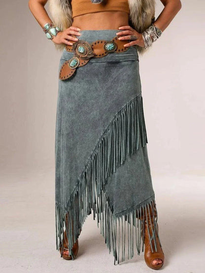 Women's A-line washed knit maxi skirt with diagonal fringe hem – Grey