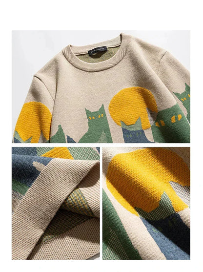 Women's abstract cat graphic knit sweater with long-sleeve crewneck