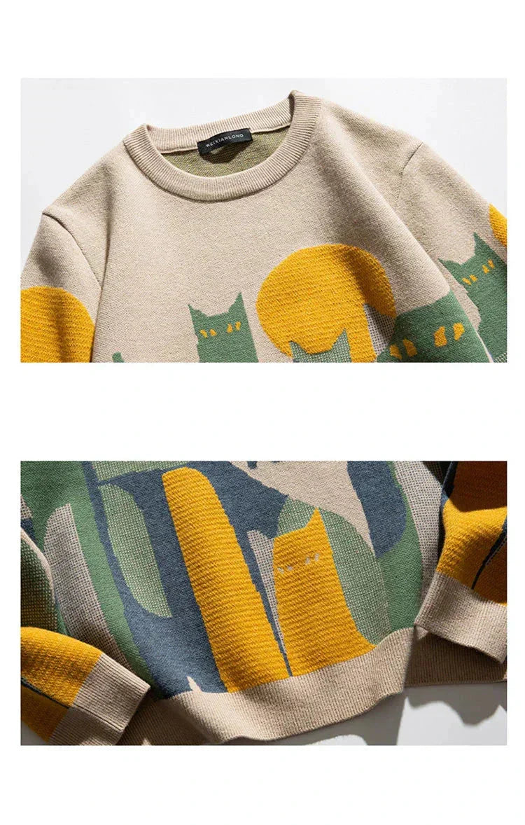 Women's abstract cat graphic knit sweater with long-sleeve crewneck
