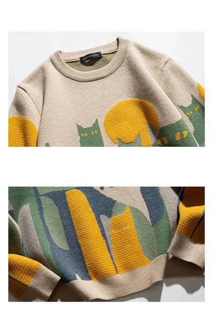 Women's abstract cat graphic knit sweater with long-sleeve crewneck