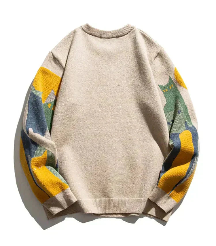 Women's abstract cat graphic knit sweater with long-sleeve crewneck