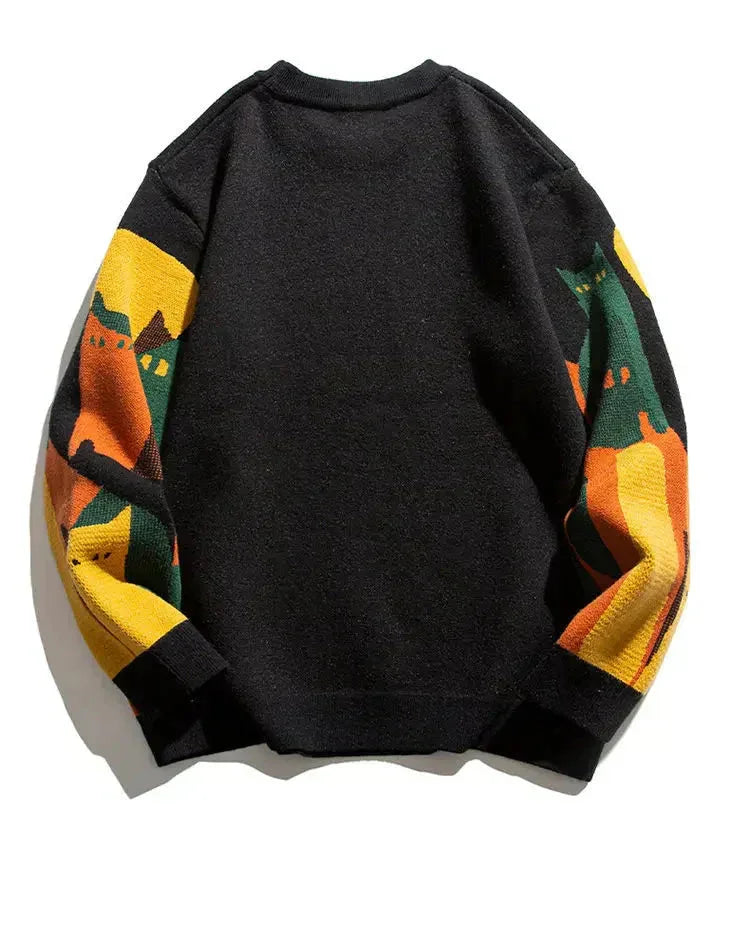 Women's abstract cat graphic knit sweater with long-sleeve crewneck