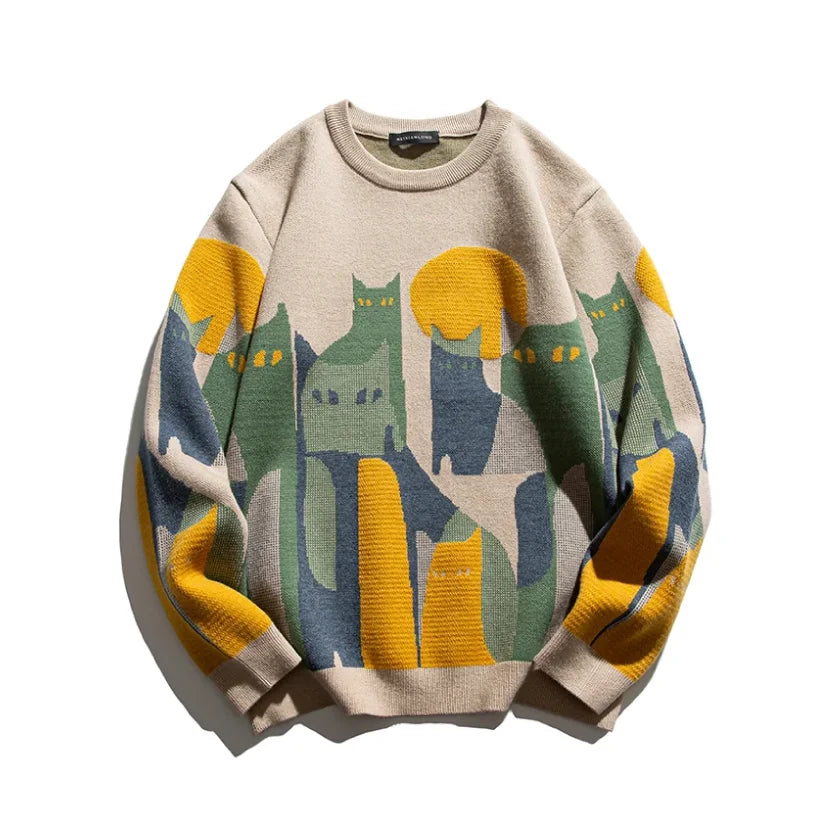 Women's abstract cat graphic knit sweater with long-sleeve crewneck – Beige