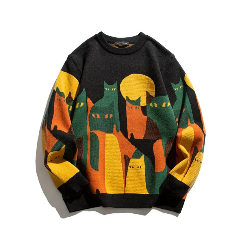 Women's abstract cat graphic knit sweater with long-sleeve crewneck – Black