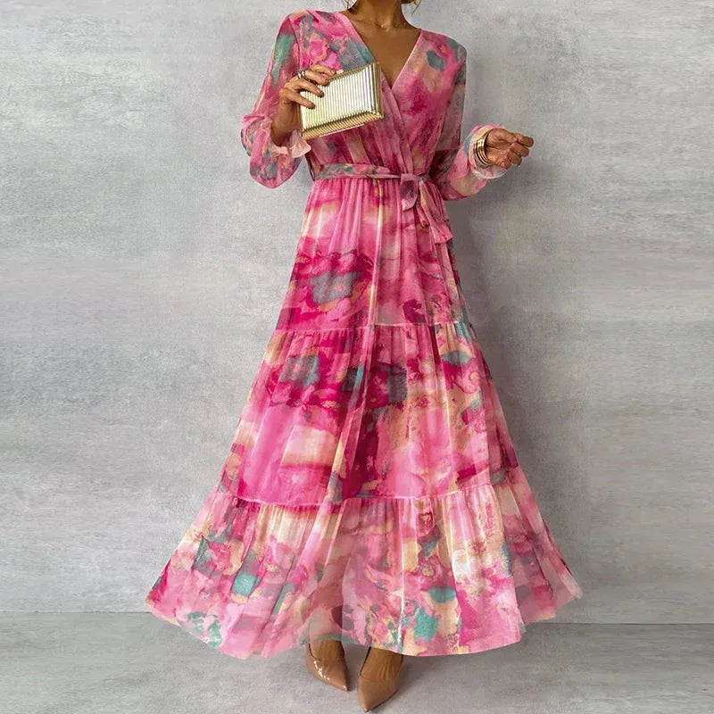 Women's abstract floral wrap maxi dress with V-neck and long-sleeve tiered skirt – Pink