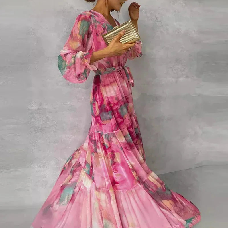 Women's abstract floral wrap maxi dress with V-neck and long-sleeve tiered skirt – Pink