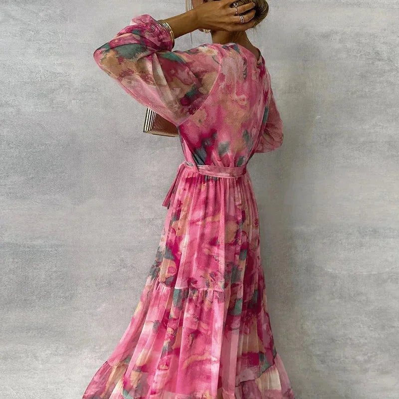 Women's abstract floral wrap maxi dress with V-neck and long-sleeve tiered skirt – Pink