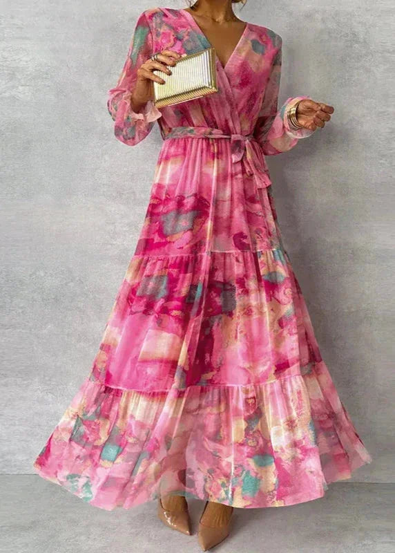 Women's abstract floral wrap maxi dress with V-neck and long-sleeve tiered skirt – Pink