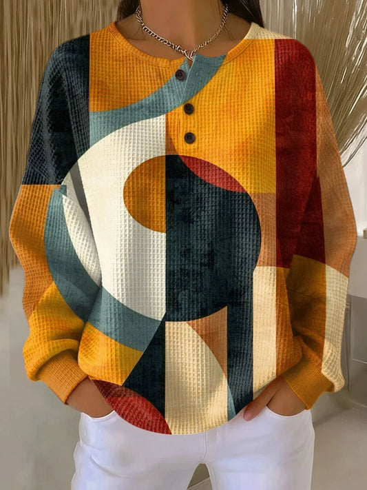Women's abstract geometric print waffle knit sweater with round neck and button placket – Orange