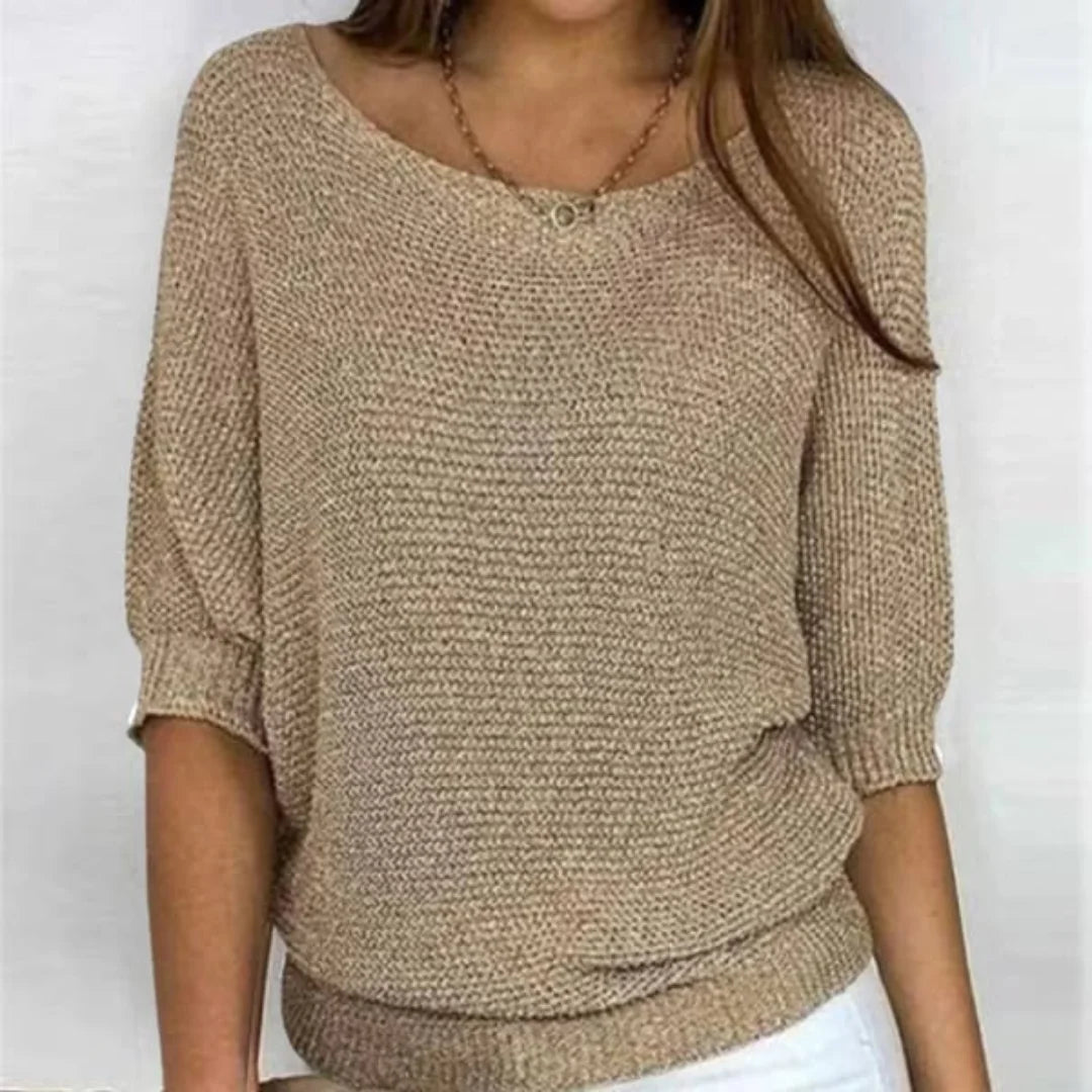 Women's all-season relaxed fit knit sweater with wide neck and 3/4 sleeves – Beige