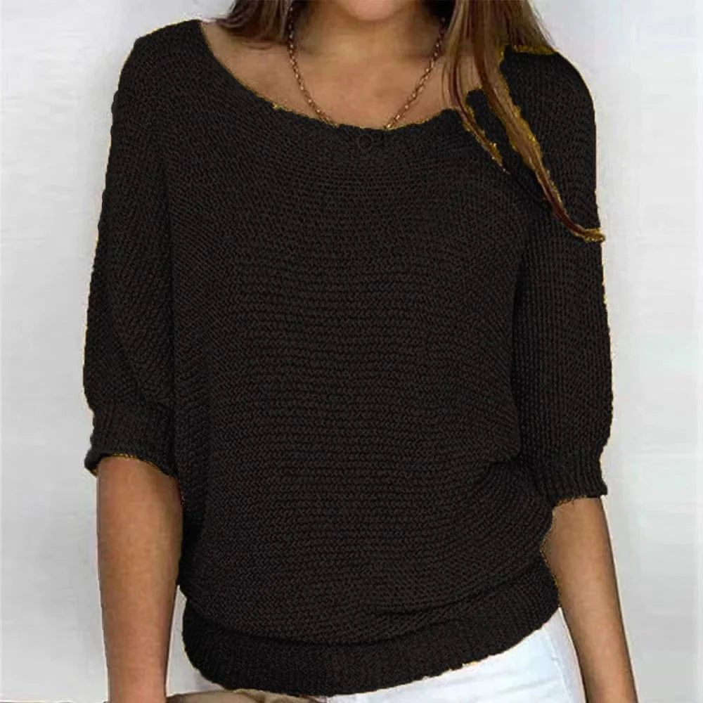 Women's all-season relaxed fit knit sweater with wide neck and 3/4 sleeves – Black
