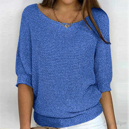 Women's all-season relaxed fit knit sweater with wide neck and 3/4 sleeves – Blue