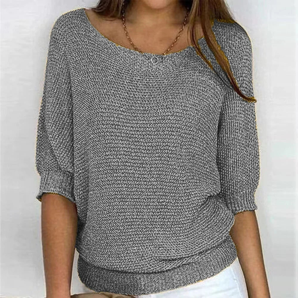 Women's all-season relaxed fit knit sweater with wide neck and 3/4 sleeves – Grey