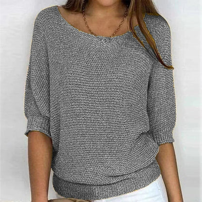 Women's all-season relaxed fit knit sweater with wide neck and 3/4 sleeves – Grey