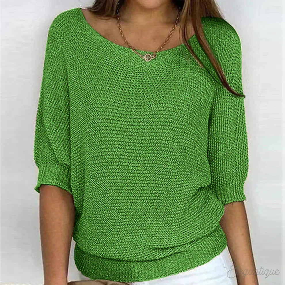 Women's all-season relaxed fit knit sweater with wide neck and 3/4 sleeves – Green