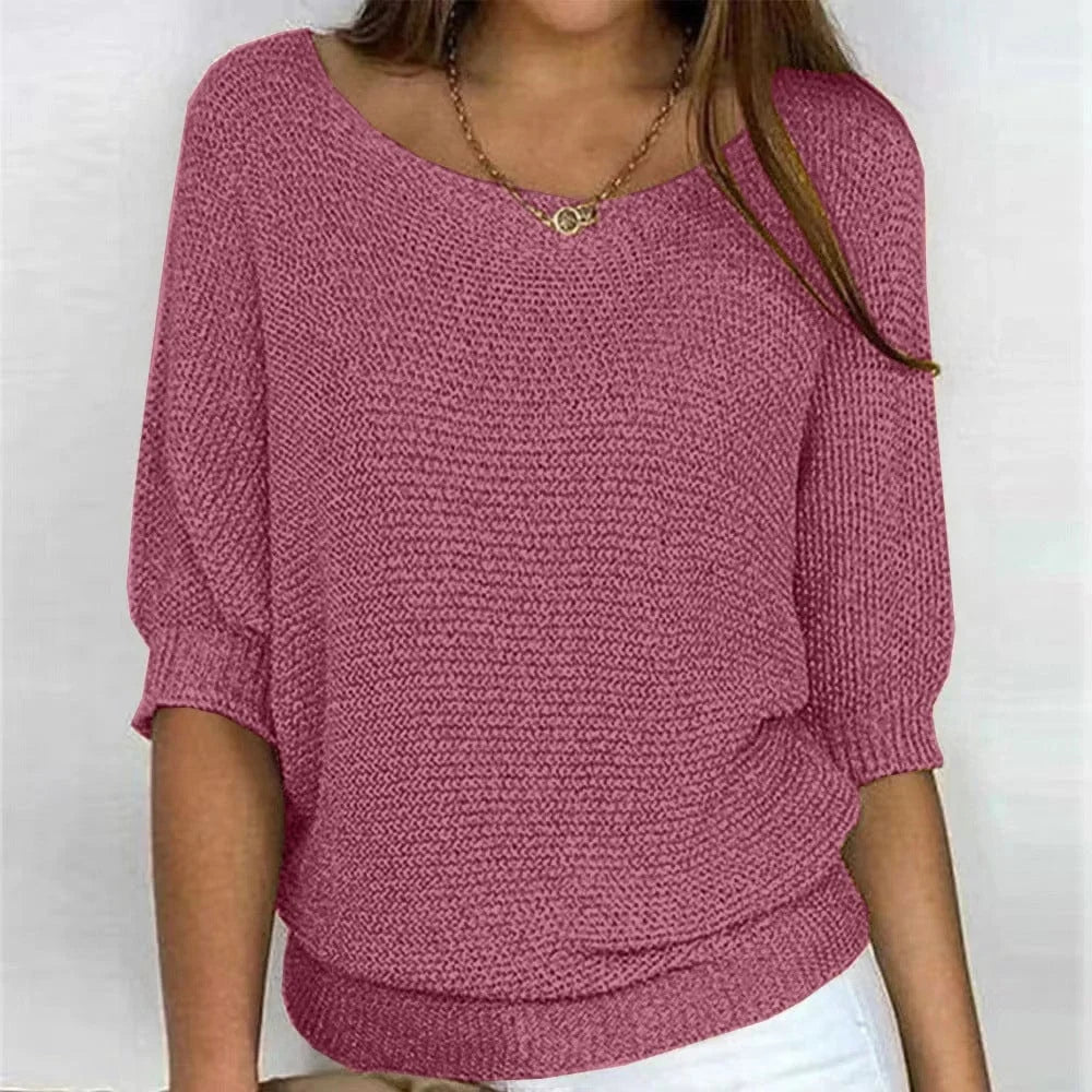 Women's all-season relaxed fit knit sweater with wide neck and 3/4 sleeves – Pink