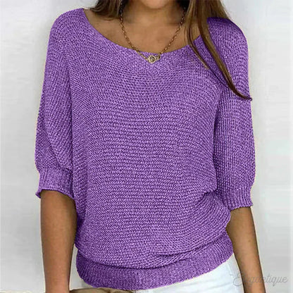 Women's all-season relaxed fit knit sweater with wide neck and 3/4 sleeves – Purple