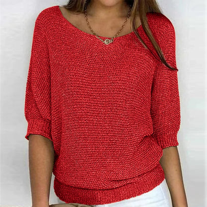 Women's all-season relaxed fit knit sweater with wide neck and 3/4 sleeves – Red