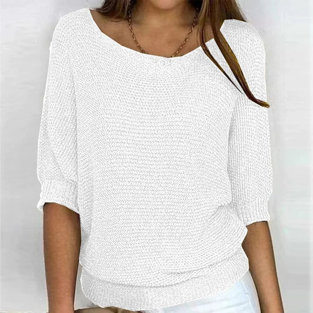Women's all-season relaxed fit knit sweater with wide neck and 3/4 sleeves – White