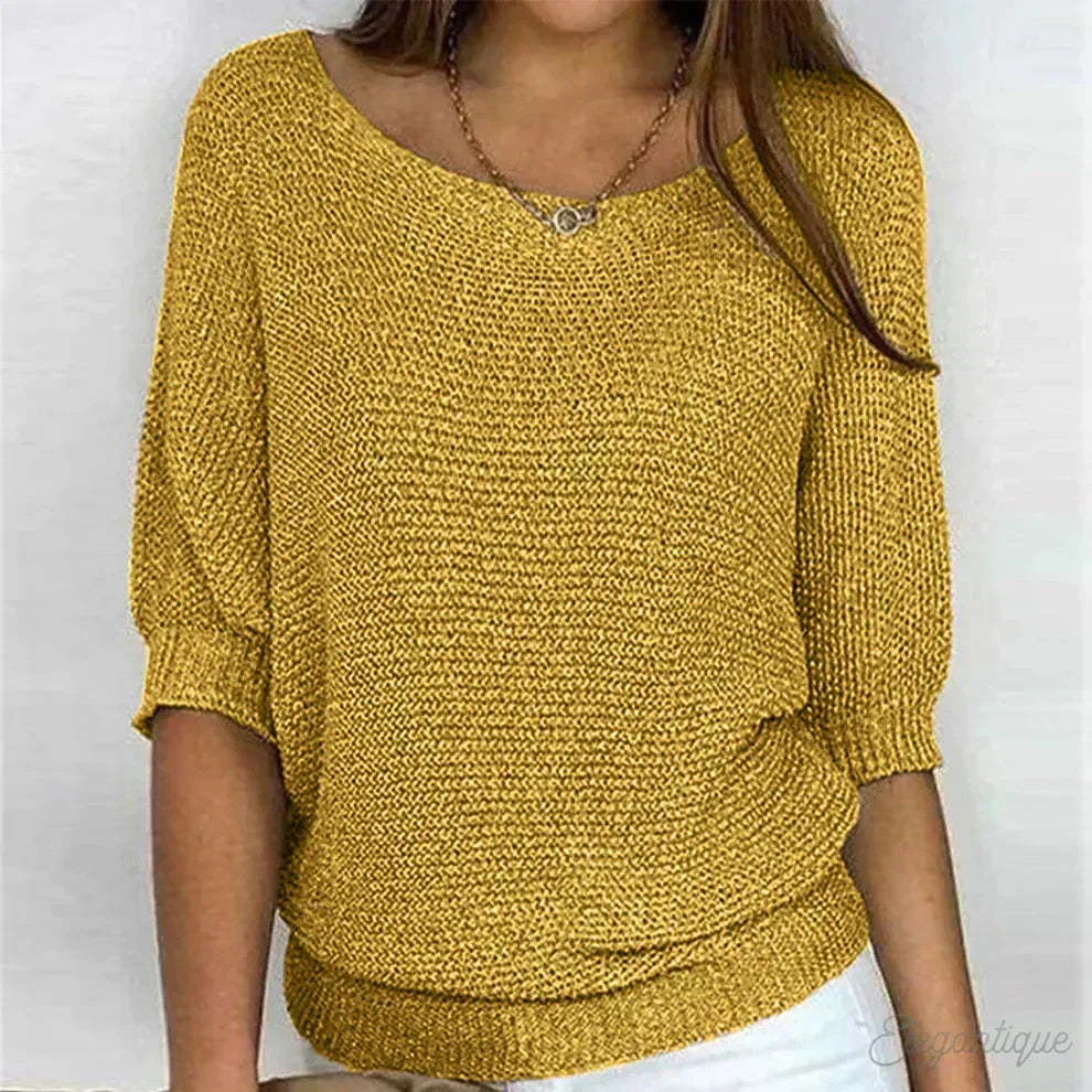 Women's all-season relaxed fit knit sweater with wide neck and 3/4 sleeves – Yellow
