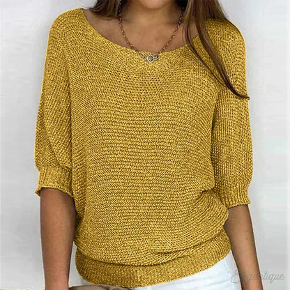 Women's all-season relaxed fit knit sweater with wide neck and 3/4 sleeves – Yellow